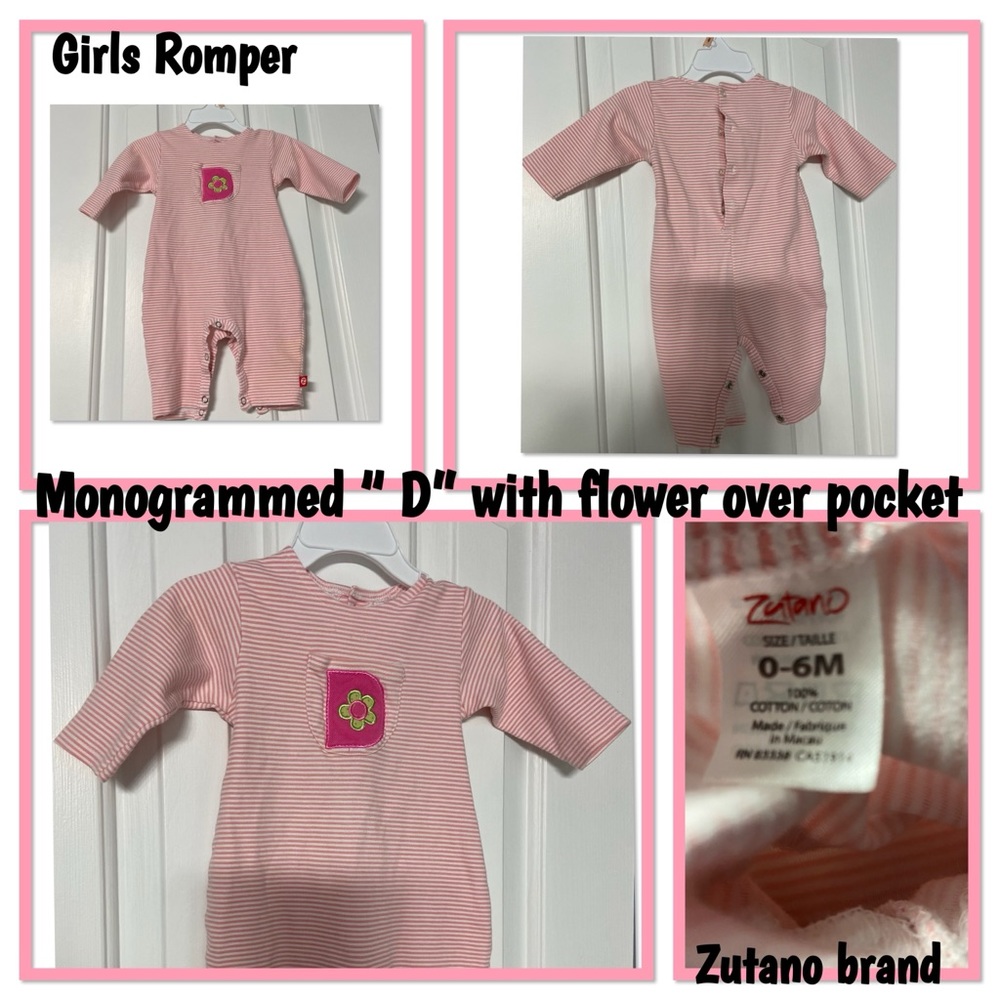 Zutano baby girl romper monogrammed with “D” on pocket